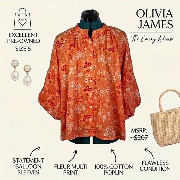 Olivia James The Label Tops - Olivia James The Label Orange Floral Emory Puff Sleeve Blouse Sz Small Like New